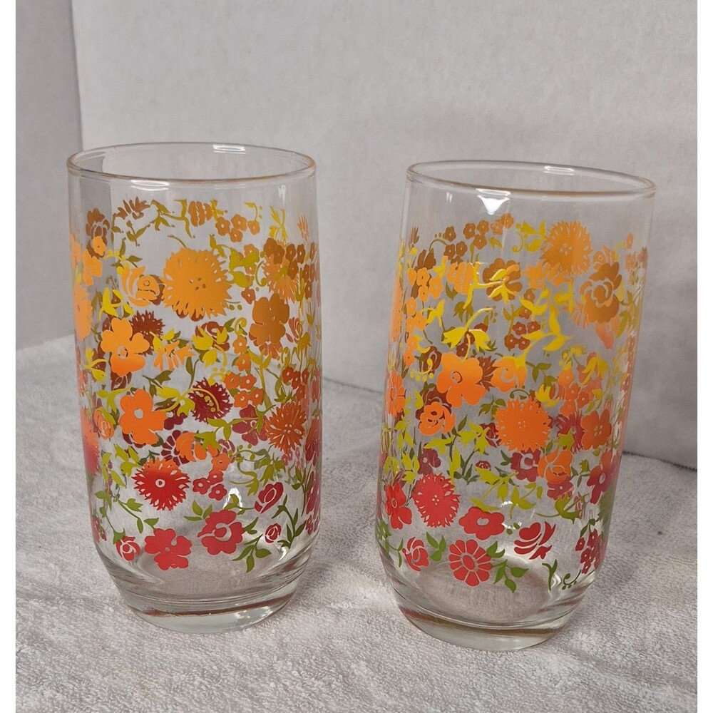 2 Anchor Hocking Floral Tumblers Drinking Glasses Orange Red Yellow Cottage VTG